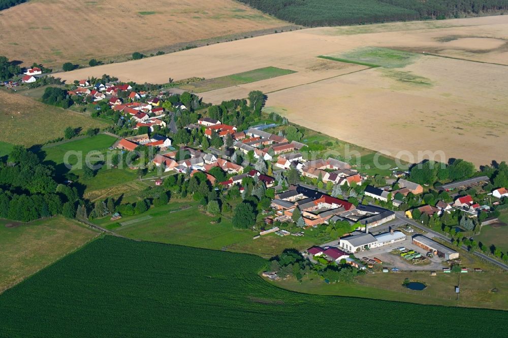 Jagsal from the bird's eye view: Agricultural land and field boundaries surround the settlement area of the village in Jagsal in the state Brandenburg, Germany