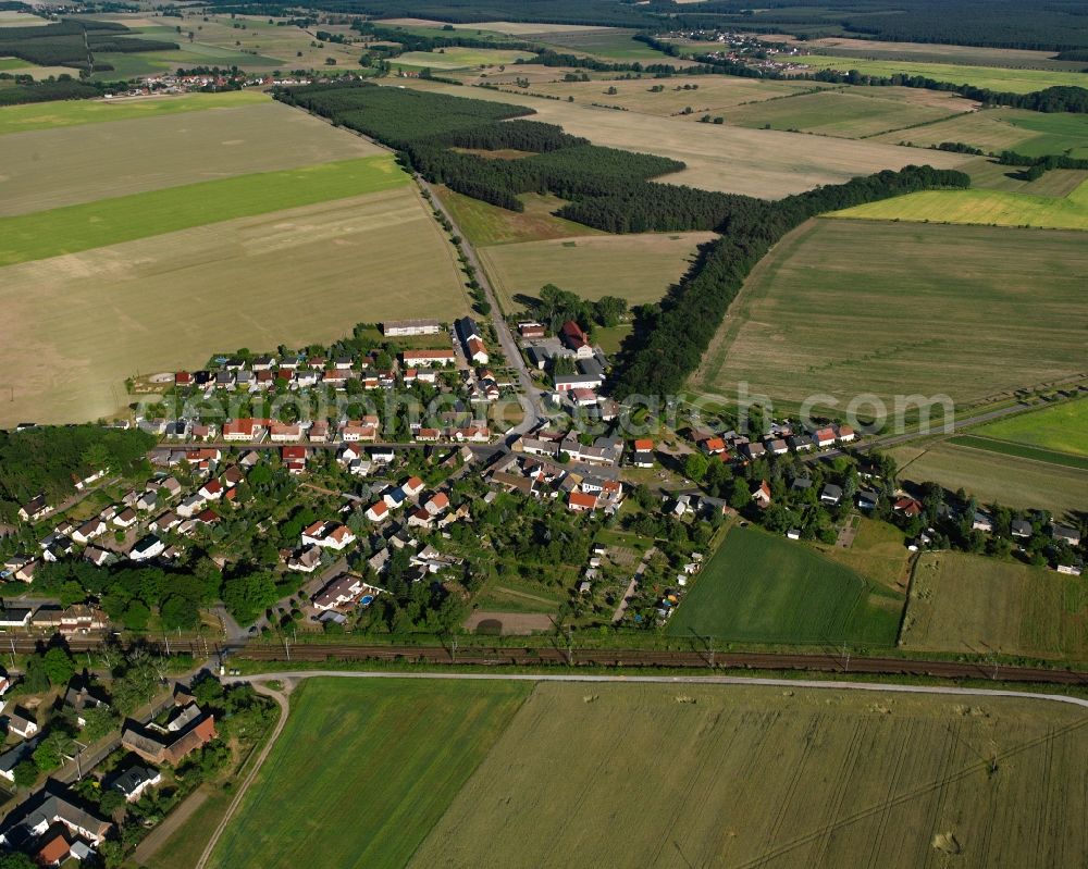 Aerial image Jeber-Bergfrieden - Agricultural land and field boundaries surround the settlement area of the village in Jeber-Bergfrieden in the state Saxony-Anhalt, Germany