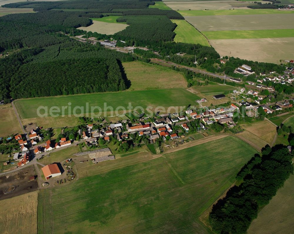 Aerial photograph Jeber-Bergfrieden - Agricultural land and field boundaries surround the settlement area of the village in Jeber-Bergfrieden in the state Saxony-Anhalt, Germany