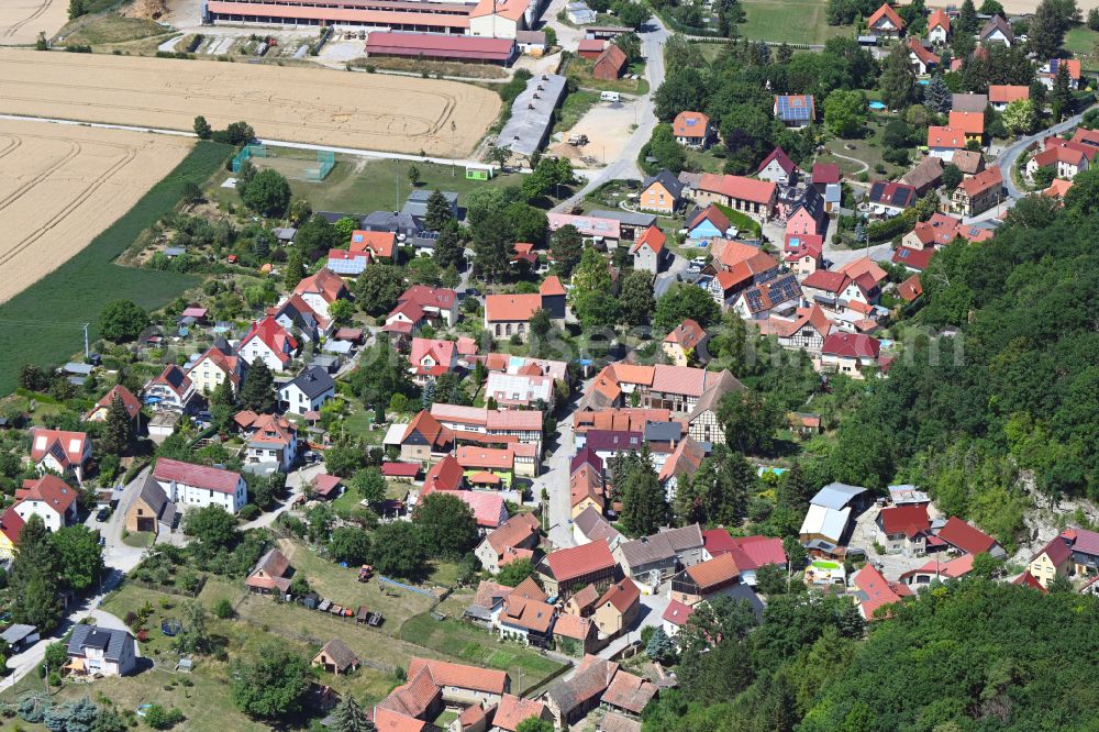 Jenaprießnitz from the bird's eye view: Agricultural land and field boundaries surround the settlement area of the village in Jenapriessnitz in the state Thuringia, Germany