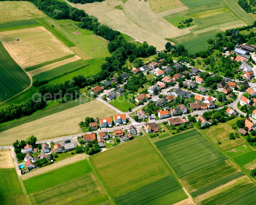 Jettenburg from the bird's eye view: Agricultural land and field boundaries surround the settlement area of the village in Jettenburg in the state Baden-Wuerttemberg, Germany