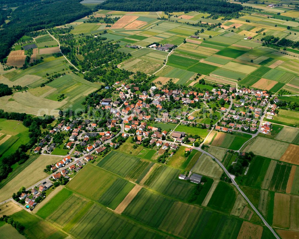 Aerial image Jettenburg - Agricultural land and field boundaries surround the settlement area of the village in Jettenburg in the state Baden-Wuerttemberg, Germany