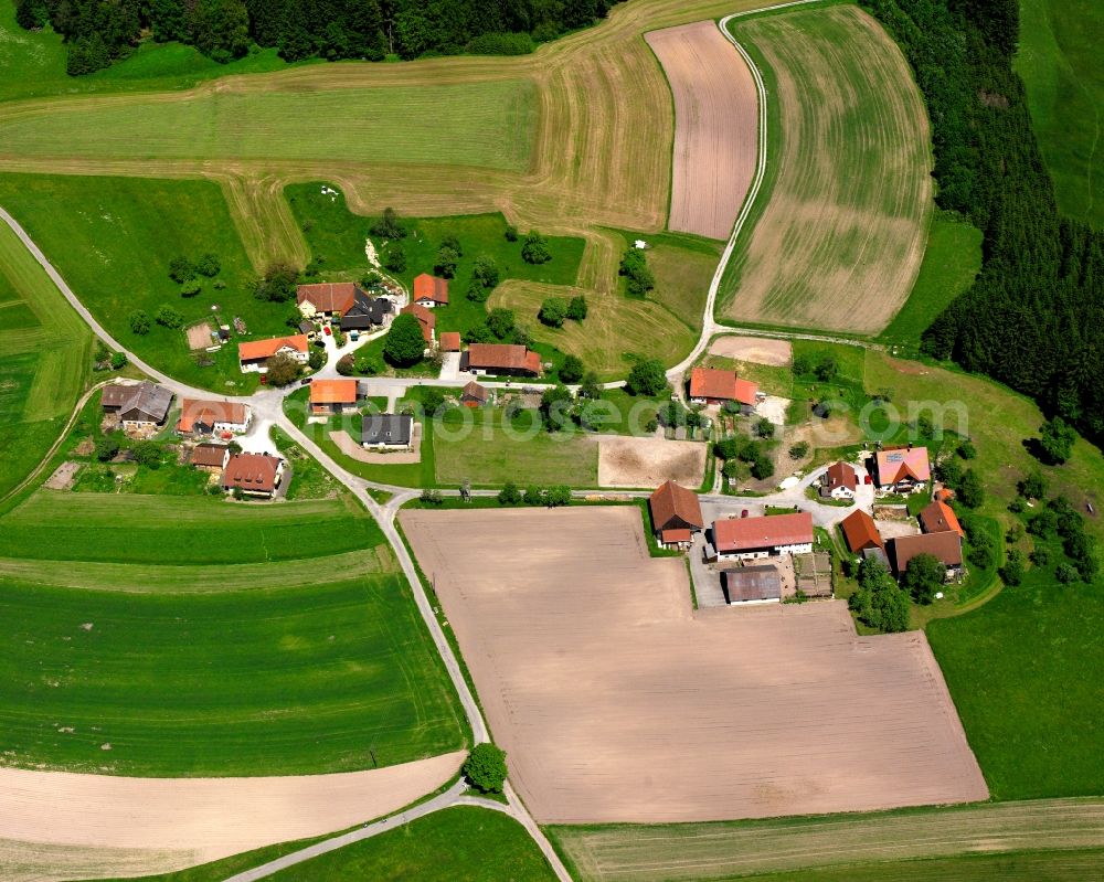 Kaisersbach from the bird's eye view: Agricultural land and field boundaries surround the settlement area of the village in Kaisersbach in the state Baden-Wuerttemberg, Germany