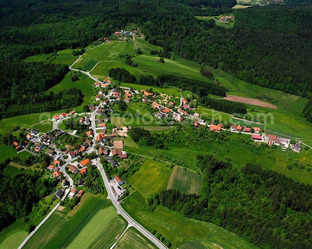 Kaisersbach from the bird's eye view: Agricultural land and field boundaries surround the settlement area of the village in Kaisersbach in the state Baden-Wuerttemberg, Germany