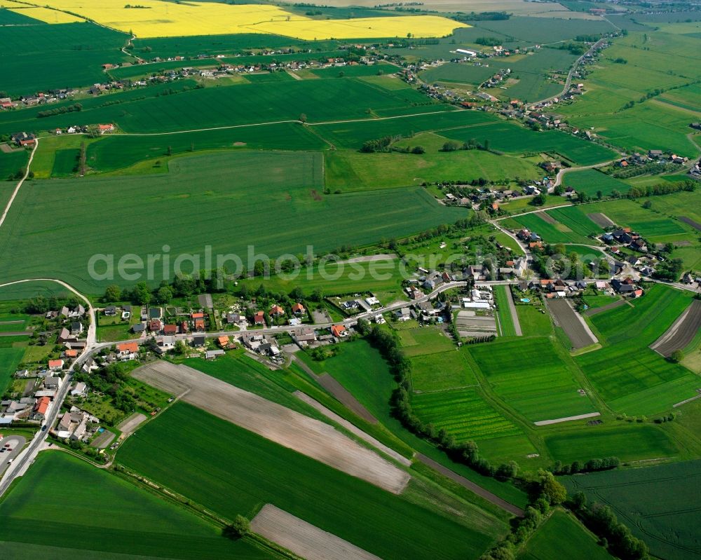 Kakau from above - Agricultural land and field boundaries surround the settlement area of the village in Kakau in the state Saxony-Anhalt, Germany