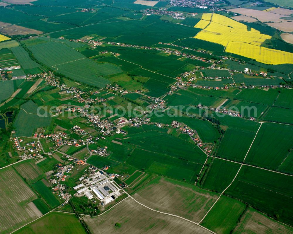 Kakau from above - Agricultural land and field boundaries surround the settlement area of the village in Kakau in the state Saxony-Anhalt, Germany