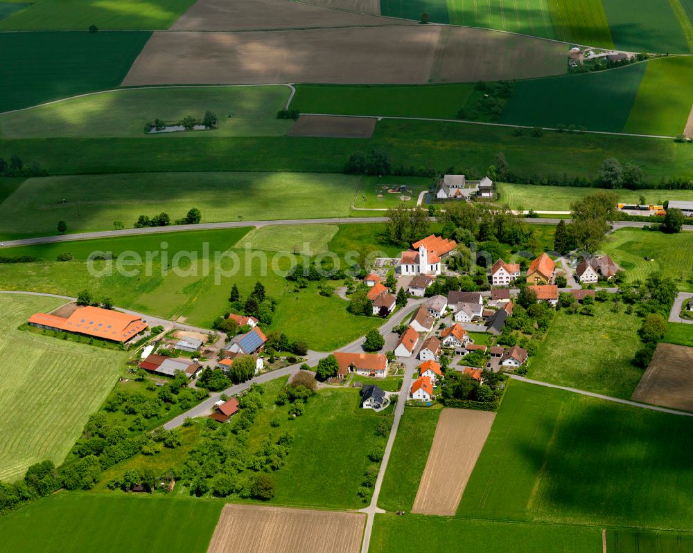 Aerial image Kanzach - Agricultural land and field boundaries surround the settlement area of the village in Kanzach in the state Baden-Wuerttemberg, Germany