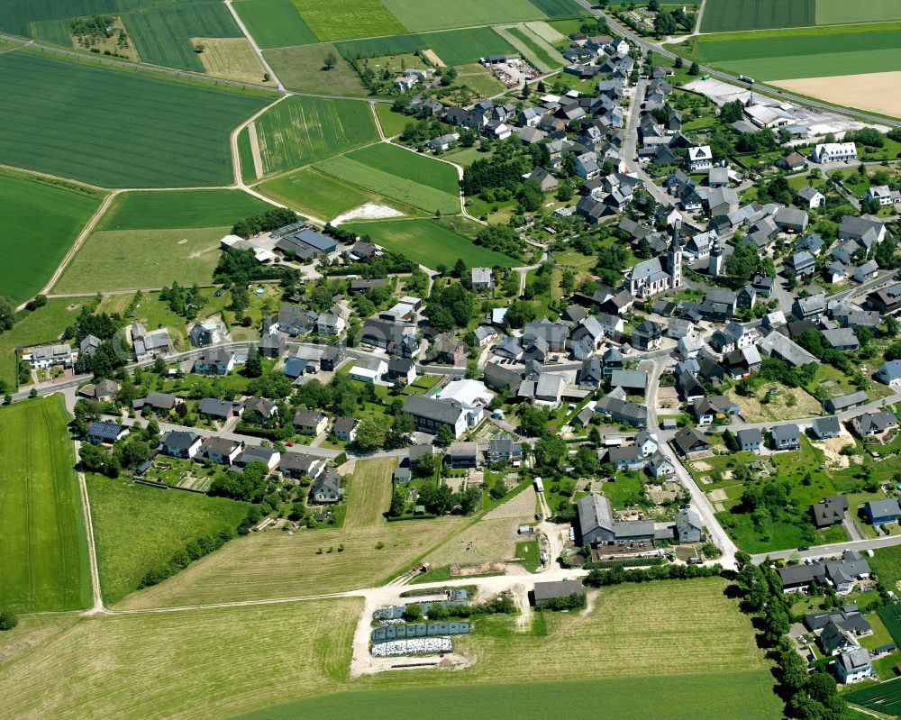 Kappel from above - Agricultural land and field boundaries surround the settlement area of the village in Kappel in the state Rhineland-Palatinate, Germany