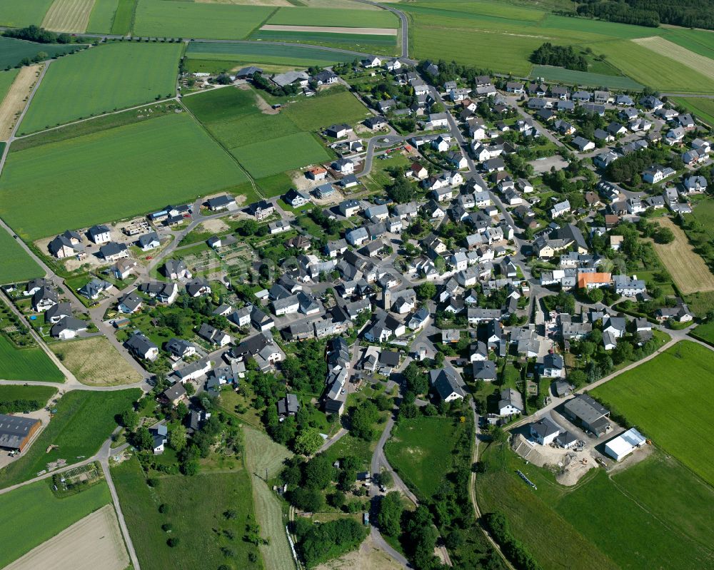 Karbach from above - Agricultural land and field boundaries surround the settlement area of the village in Karbach in the state Rhineland-Palatinate, Germany