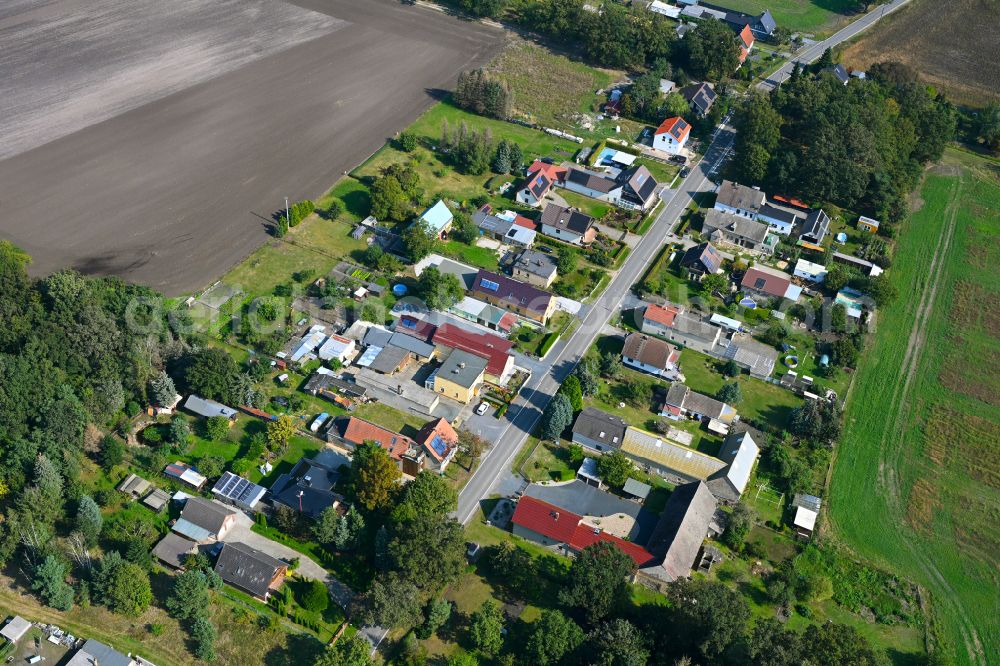 Aerial photograph Kaupen - Agricultural land and field boundaries surround the settlement area of the village on street Plessaer Strasse in Kaupen in the state Brandenburg, Germany