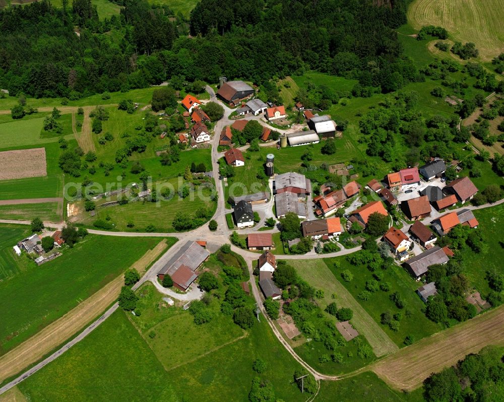 Aerial image Köchersberg - Agricultural land and field boundaries surround the settlement area of the village in Köchersberg in the state Baden-Wuerttemberg, Germany