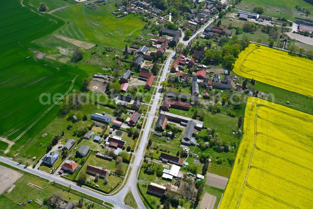 Kerkau from the bird's eye view: Agricultural land and field boundaries surround the settlement area of the village in Kerkau in the state Saxony-Anhalt, Germany