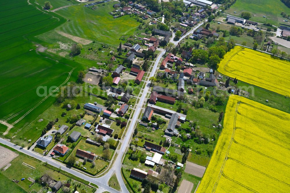 Aerial image Kerkau - Agricultural land and field boundaries surround the settlement area of the village in Kerkau in the state Saxony-Anhalt, Germany