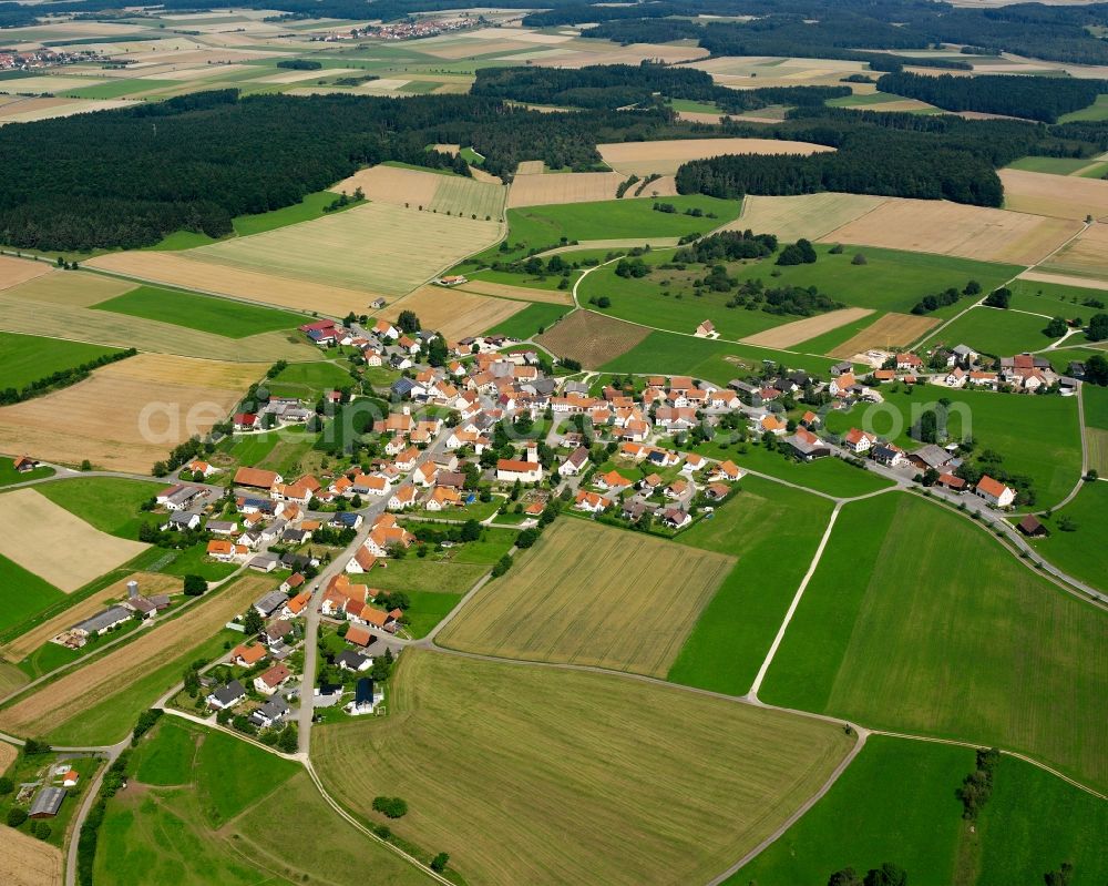 Kettenacker from above - Agricultural land and field boundaries surround the settlement area of the village in Kettenacker in the state Baden-Wuerttemberg, Germany