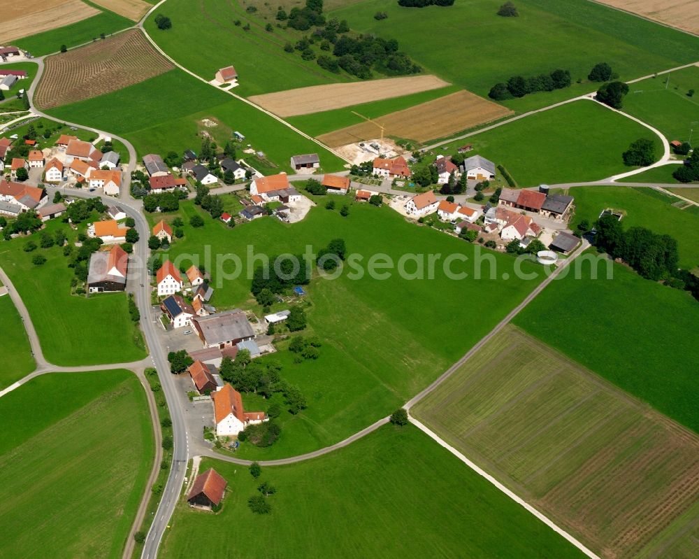 Kettenacker from the bird's eye view: Agricultural land and field boundaries surround the settlement area of the village in Kettenacker in the state Baden-Wuerttemberg, Germany