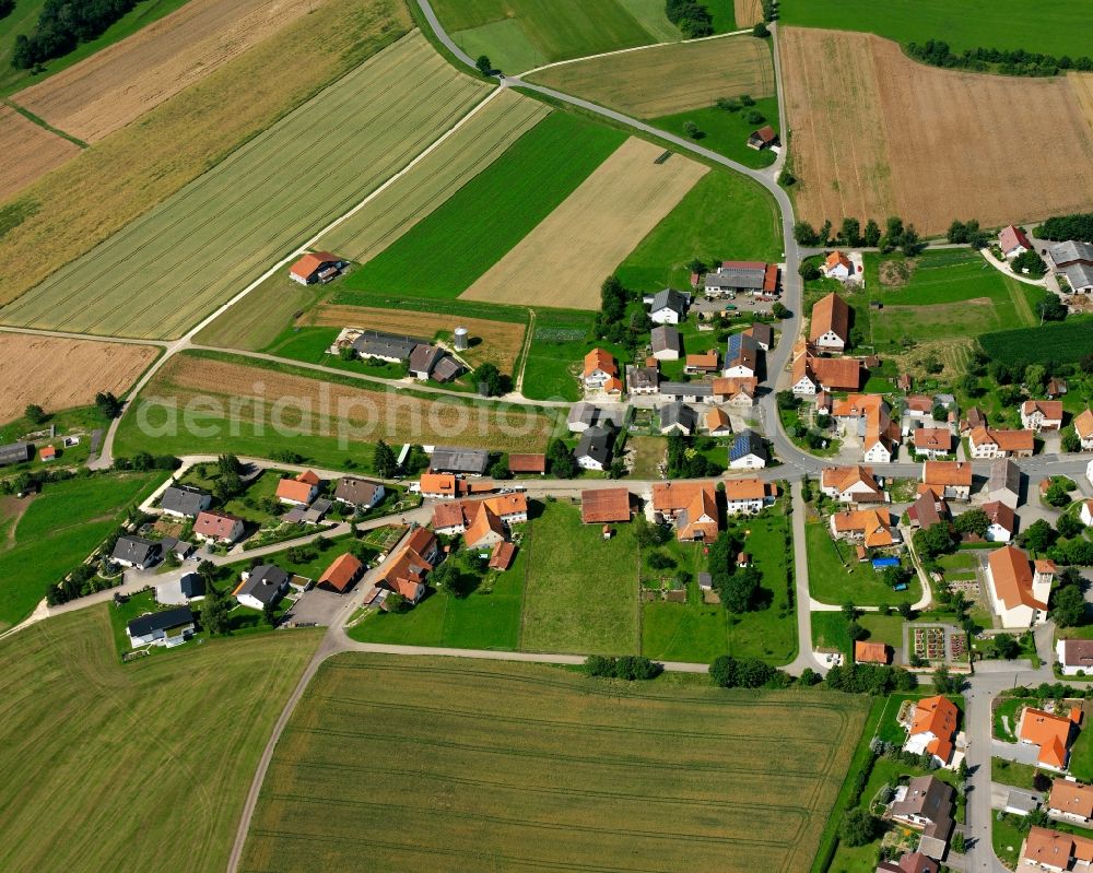 Aerial photograph Kettenacker - Agricultural land and field boundaries surround the settlement area of the village in Kettenacker in the state Baden-Wuerttemberg, Germany