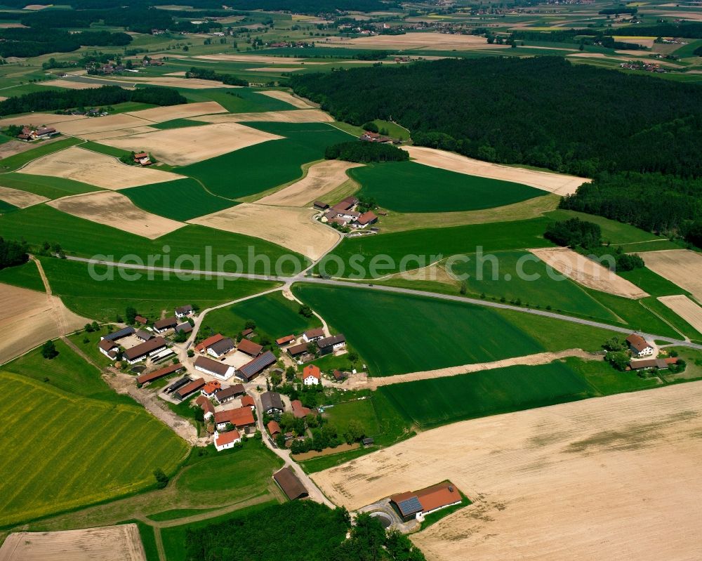 Aerial image Kühbach - Agricultural land and field boundaries surround the settlement area of the village in Kühbach in the state Bavaria, Germany