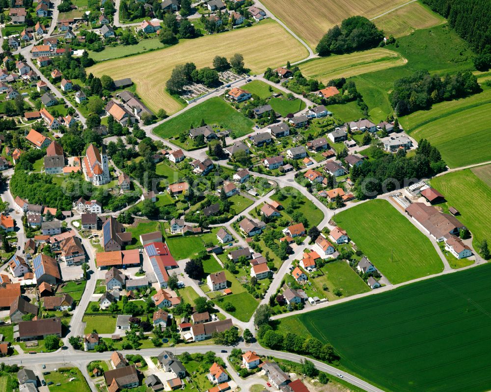 Aerial photograph Kirchberg - Agricultural land and field boundaries surround the settlement area of the village in Kirchberg in the state Baden-Wuerttemberg, Germany