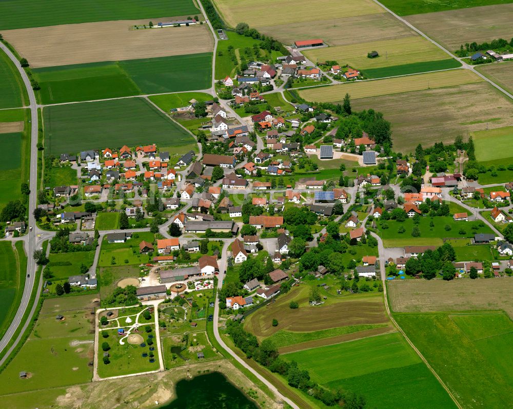 Aerial image Kirchberg an der Iller - Agricultural land and field boundaries surround the settlement area of the village in Kirchberg an der Iller in the state Baden-Wuerttemberg, Germany