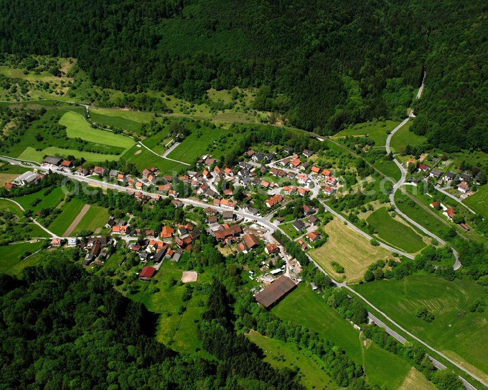 Klaffenbach from the bird's eye view: Agricultural land and field boundaries surround the settlement area of the village in Klaffenbach in the state Baden-Wuerttemberg, Germany