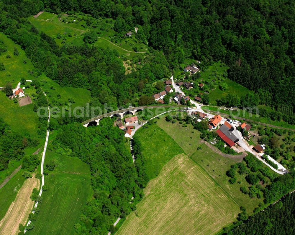 Aerial image Klaffenbach - Agricultural land and field boundaries surround the settlement area of the village in Klaffenbach in the state Baden-Wuerttemberg, Germany