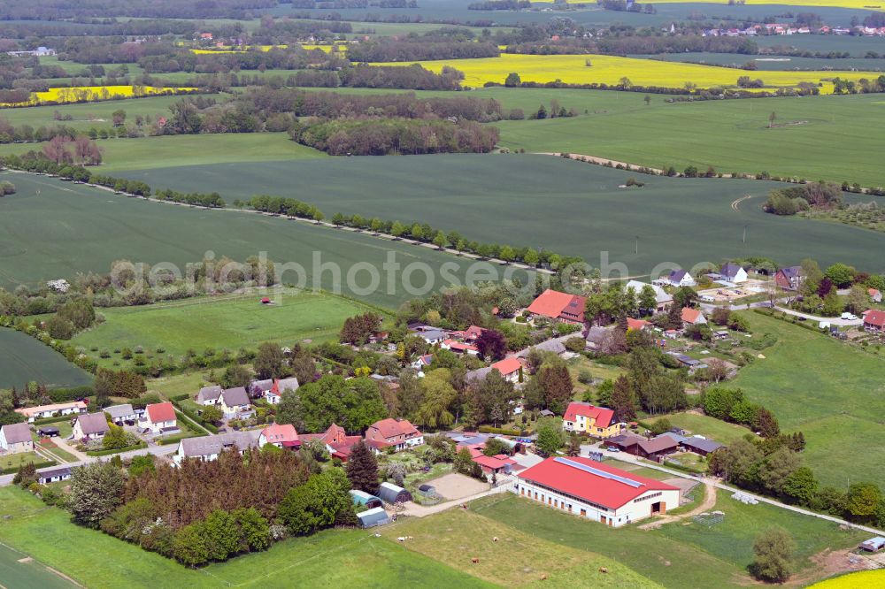 Klein Pravtshagen from above - Agricultural land and field boundaries surround the settlement area of the village in Klein Pravtshagen in the state Mecklenburg - Western Pomerania, Germany