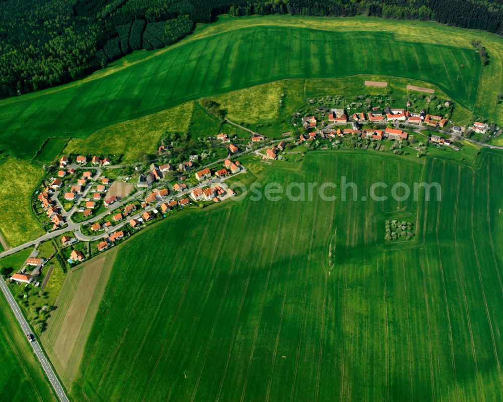 Kleinbocka from above - Agricultural land and field boundaries surround the settlement area of the village in Kleinbocka in the state Thuringia, Germany