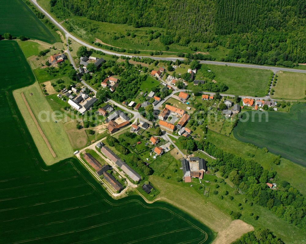 Kleinkundorf from the bird's eye view: Agricultural land and field boundaries surround the settlement area of the village in Kleinkundorf in the state Thuringia, Germany