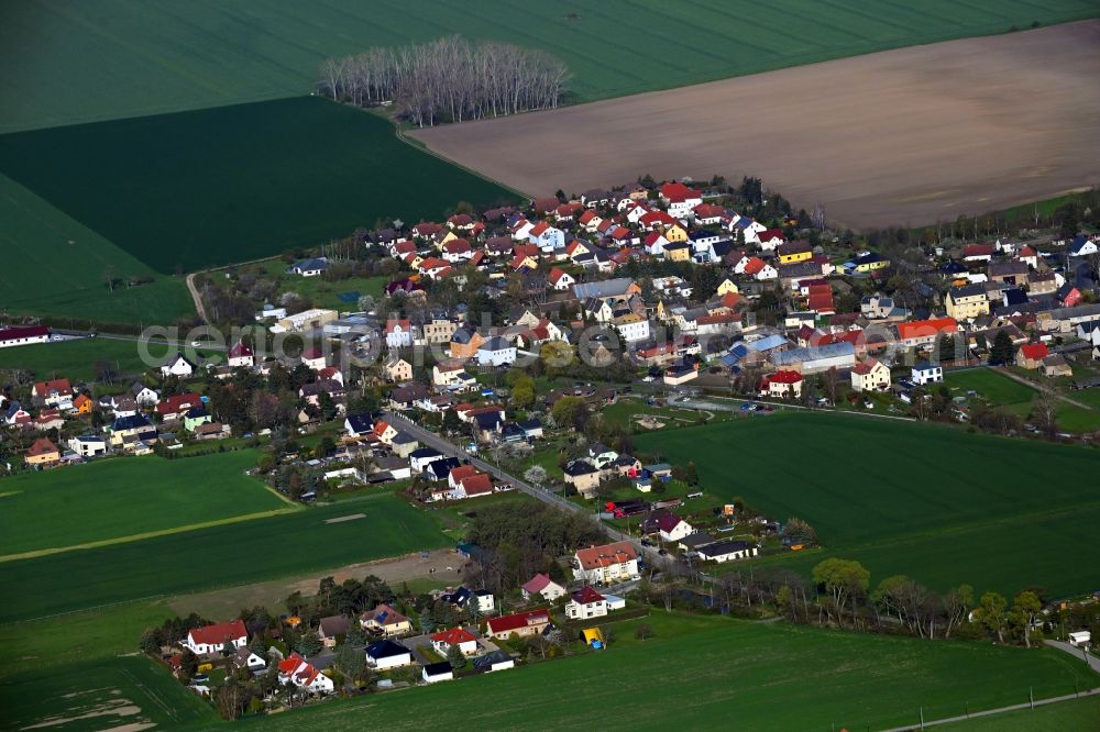 Aerial image Kleinschkorlopp - Agricultural land and field boundaries surround the settlement area of the village in Kleinschkorlopp in the state Saxony, Germany