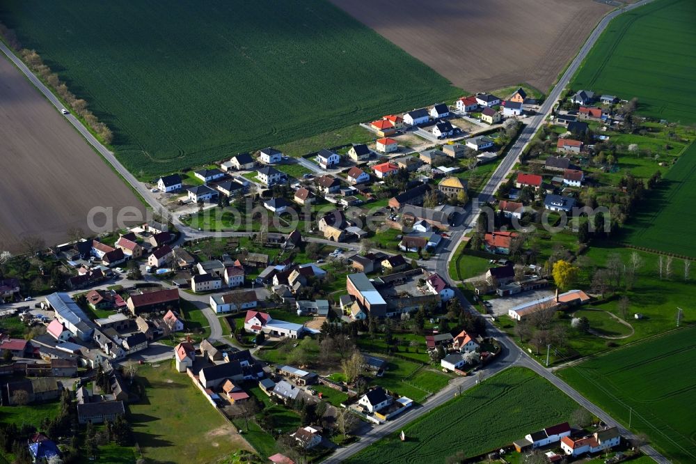 Aerial photograph Kleinschkorlopp - Agricultural land and field boundaries surround the settlement area of the village in Kleinschkorlopp in the state Saxony, Germany