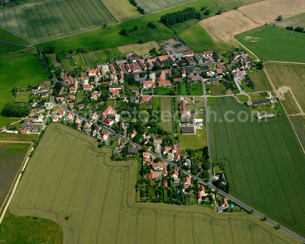 Aerial image Kleinthiemig - Agricultural land and field boundaries surround the settlement area of the village in Kleinthiemig in the state Saxony, Germany