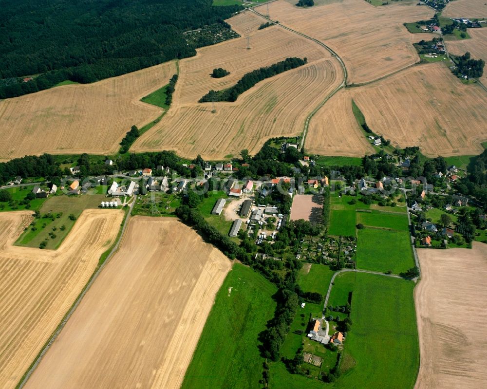 Kleinwaltersdorf from above - Agricultural land and field boundaries surround the settlement area of the village in Kleinwaltersdorf in the state Saxony, Germany