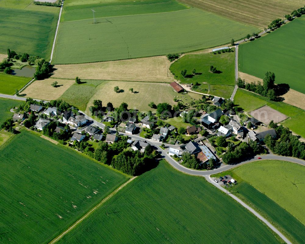 Aerial image Kleinweidelbach - Agricultural land and field boundaries surround the settlement area of the village in Kleinweidelbach in the state Rhineland-Palatinate, Germany