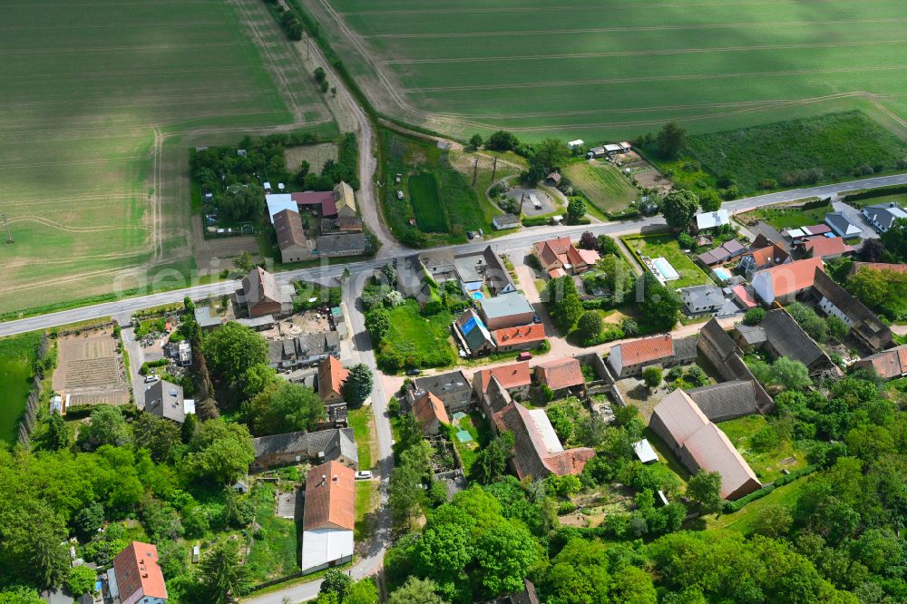 Kloschwitz from above - Agricultural land and field boundaries surround the settlement area of the village in Kloschwitz in the state Saxony-Anhalt, Germany