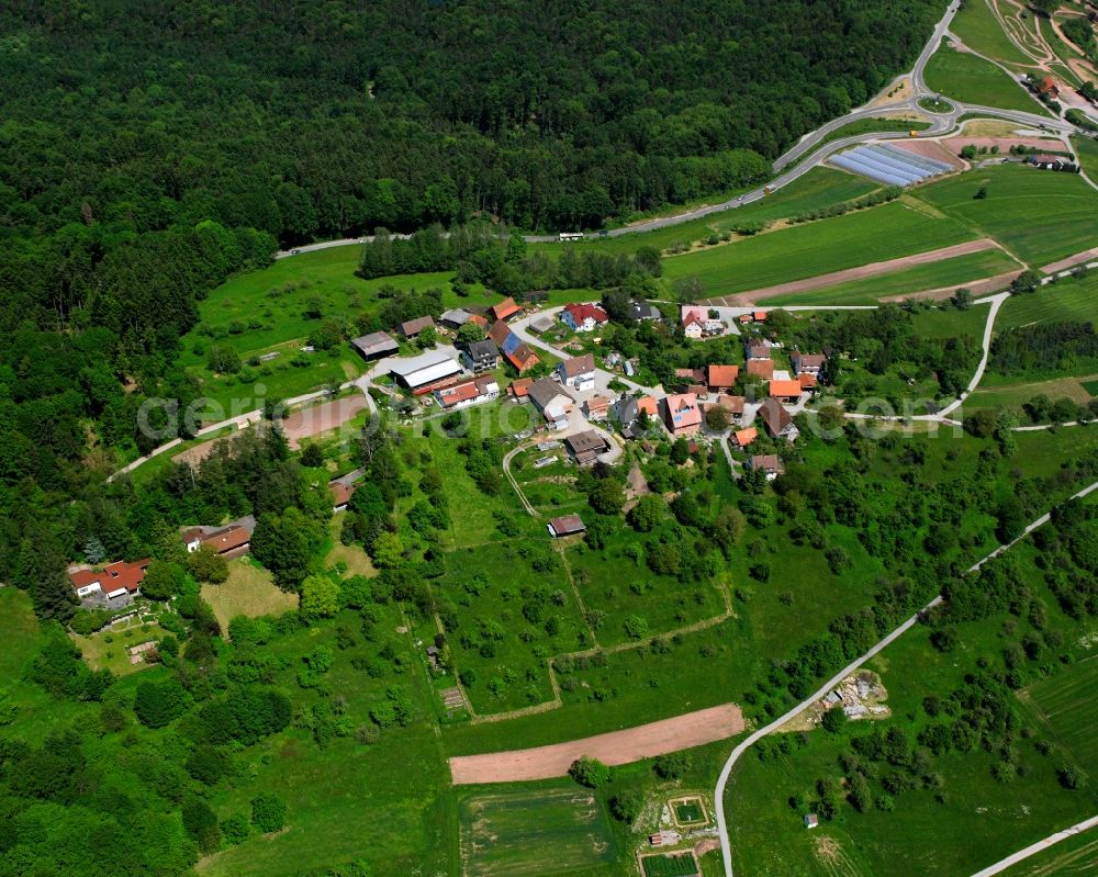 Aerial image Königsbronnhof - Agricultural land and field boundaries surround the settlement area of the village in Königsbronnhof in the state Baden-Wuerttemberg, Germany