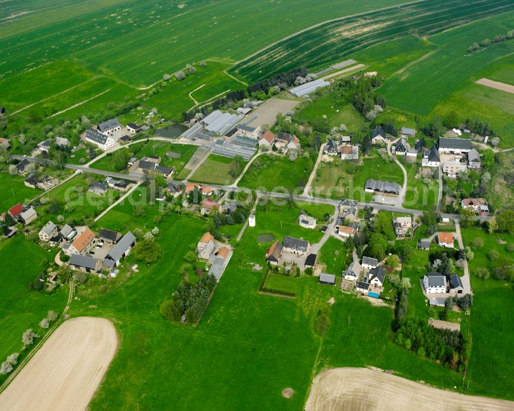 Königshain from the bird's eye view: Agricultural land and field boundaries surround the settlement area of the village in Königshain in the state Saxony, Germany