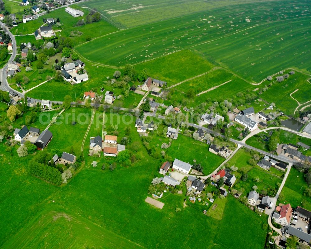 Aerial image Königshain - Agricultural land and field boundaries surround the settlement area of the village in Königshain in the state Saxony, Germany