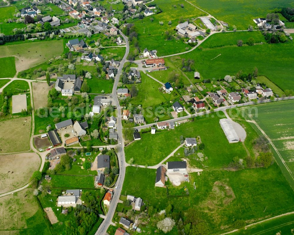 Aerial photograph Königshain - Agricultural land and field boundaries surround the settlement area of the village in Königshain in the state Saxony, Germany