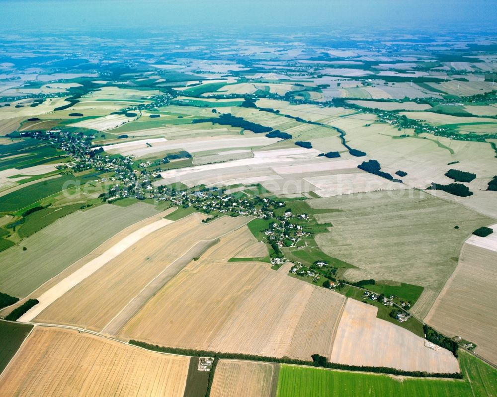 Königshain from above - Agricultural land and field boundaries surround the settlement area of the village in Königshain in the state Saxony, Germany