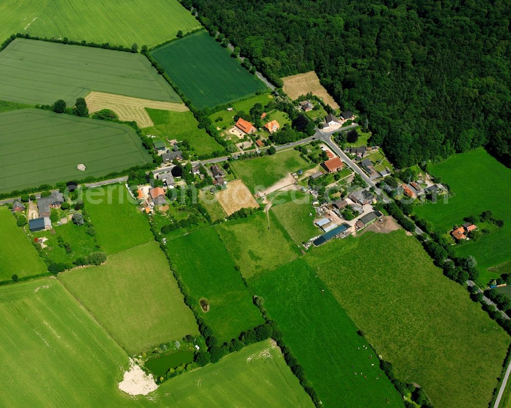 Aerial image Koberg - Agricultural land and field boundaries surround the settlement area of the village in Koberg in the state Schleswig-Holstein, Germany