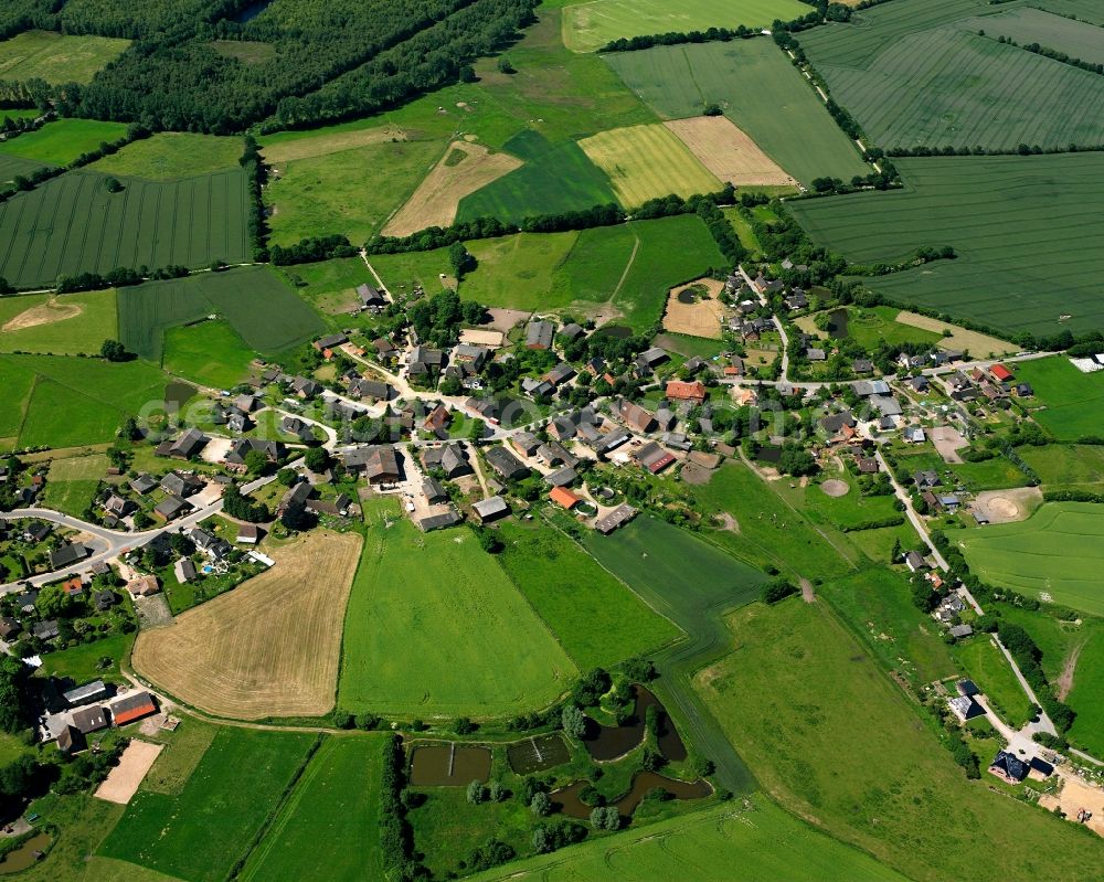 Koberg from above - Agricultural land and field boundaries surround the settlement area of the village in Koberg in the state Schleswig-Holstein, Germany