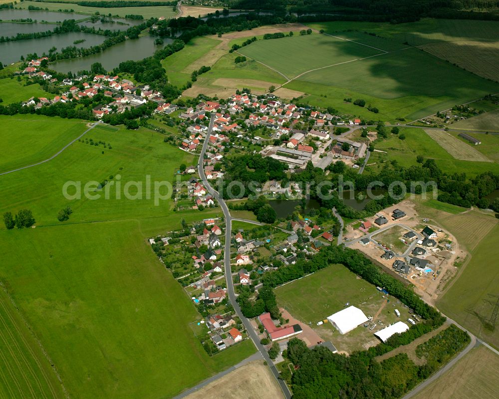 Koselitz from the bird's eye view: Agricultural land and field boundaries surround the settlement area of the village in Koselitz in the state Saxony, Germany