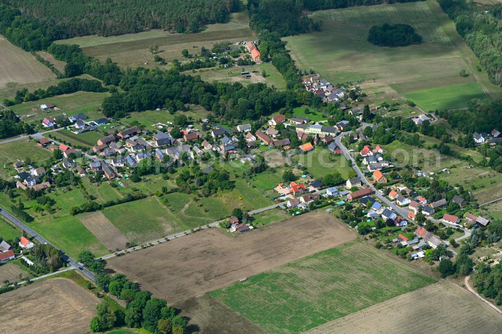 Koßwig from the bird's eye view: Agricultural land and field boundaries surround the settlement area of the village on street Kosswiger Dorfstrasse in Kosswig in the state Brandenburg, Germany