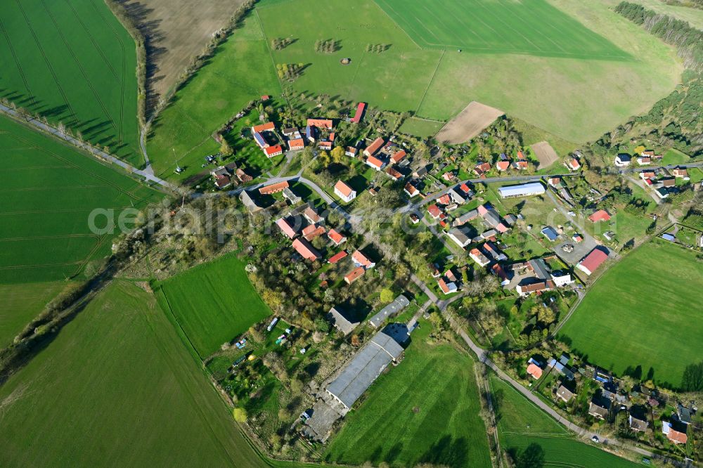 Krangen from above - Agricultural land and field boundaries surround the settlement area of the village on street Dorfstrasse in Krangen in the state Brandenburg, Germany