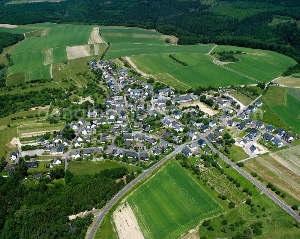 Kratzenburg from the bird's eye view: Agricultural land and field boundaries surround the settlement area of the village in Kratzenburg in the state Rhineland-Palatinate, Germany