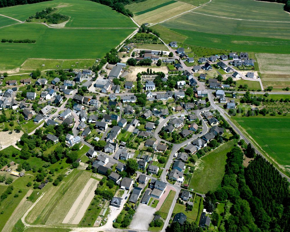 Aerial image Kratzenburg - Agricultural land and field boundaries surround the settlement area of the village in Kratzenburg in the state Rhineland-Palatinate, Germany