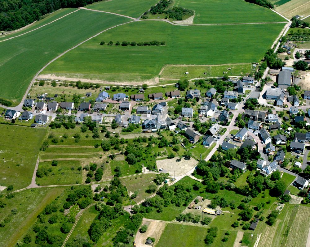 Aerial photograph Kratzenburg - Agricultural land and field boundaries surround the settlement area of the village in Kratzenburg in the state Rhineland-Palatinate, Germany