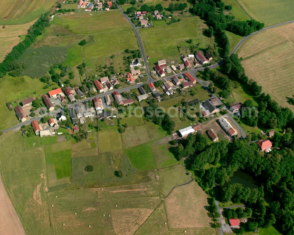 Aerial photograph Kraußnitz - Agricultural land and field boundaries surround the settlement area of the village in Kraußnitz in the state Saxony, Germany