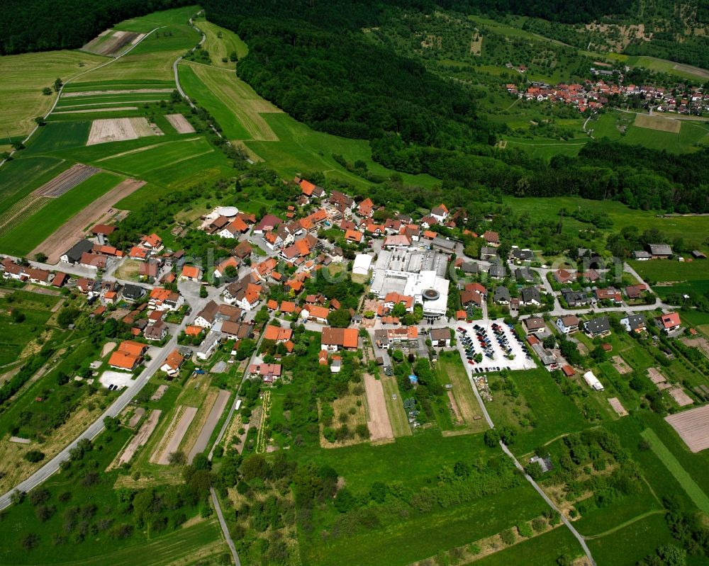 Krehwinkel from above - Agricultural land and field boundaries surround the settlement area of the village in Krehwinkel in the state Baden-Wuerttemberg, Germany