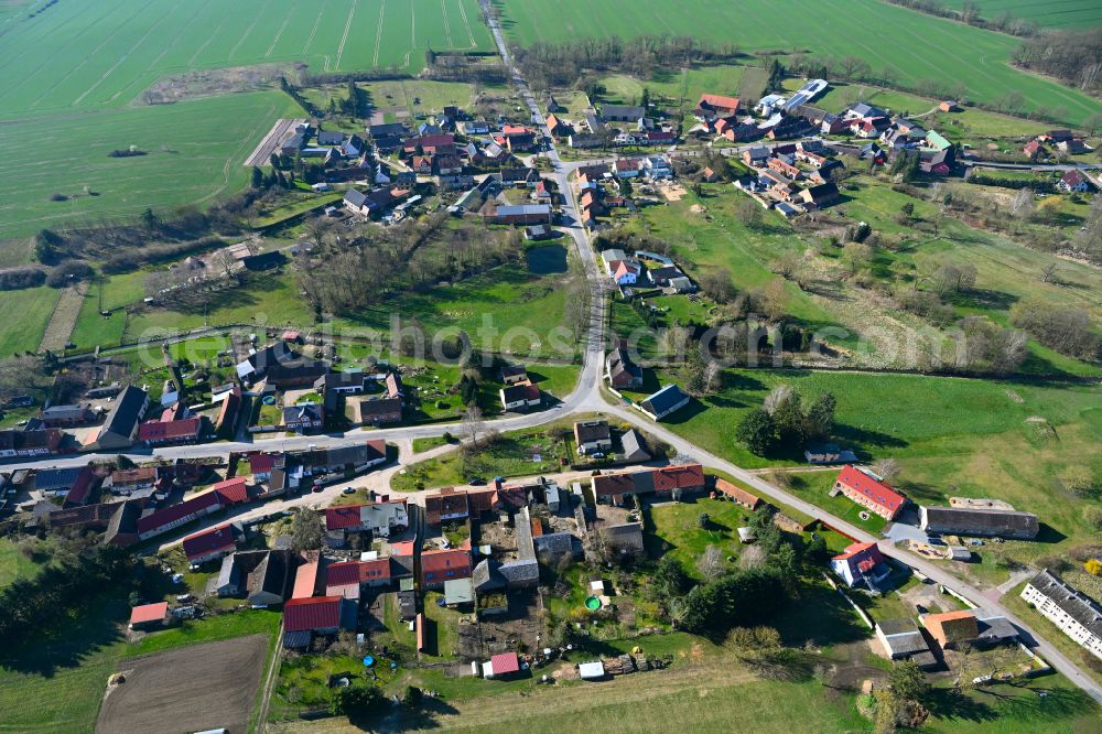 Krempendorf from the bird's eye view: Agricultural land and field boundaries surround the settlement area of the village in Krempendorf in the state Brandenburg, Germany